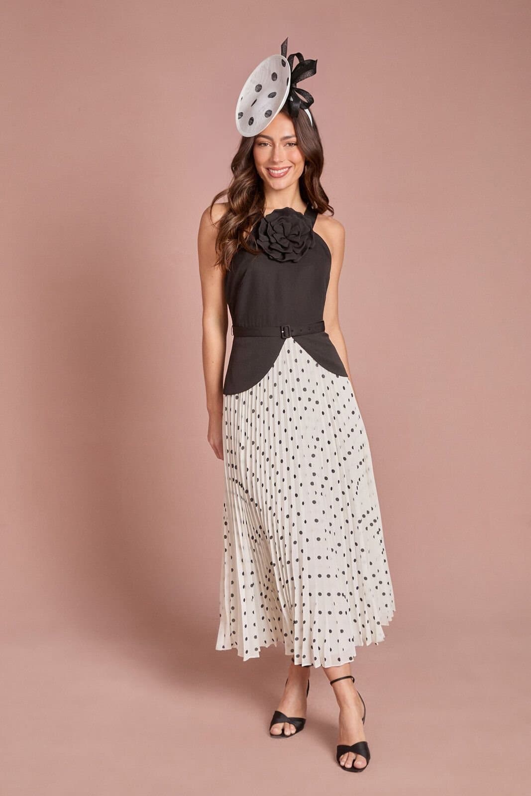 Coast Coast Women's Petite Lisa Tan Corsage Peplum Detail Spot Print Pleated Midi Dress in Mono