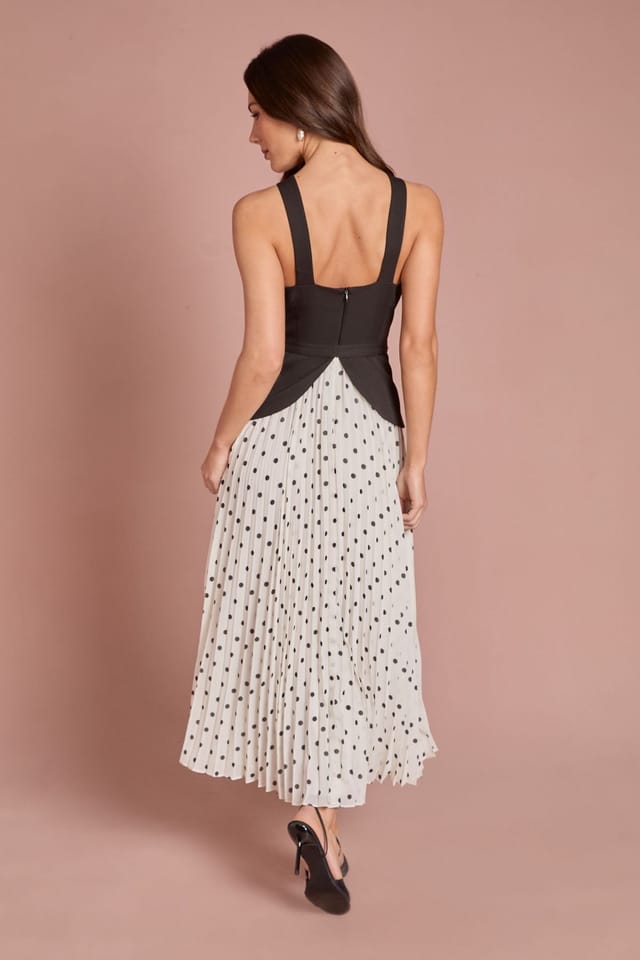 Coast Coast Women's Petite Lisa Tan Corsage Peplum Detail Spot Print Pleated Midi Dress in Mono - 3