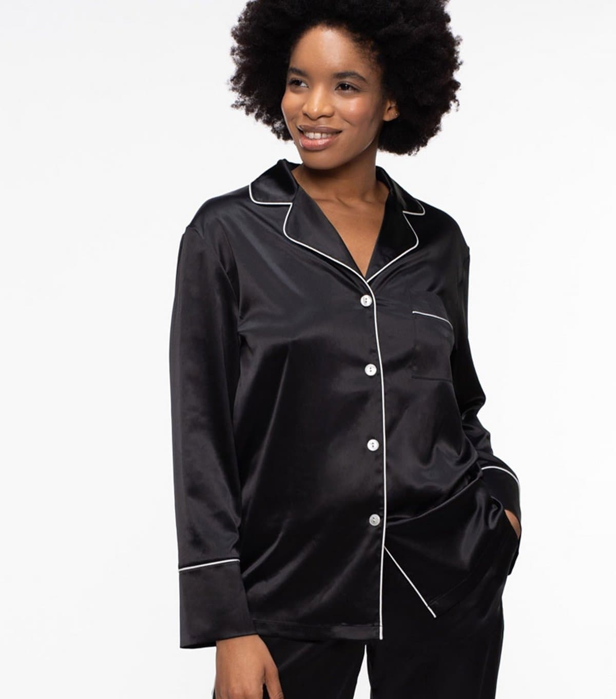 Dorina Women's Black Satin Piped Pyjama Shirt Dorina New Look