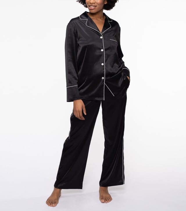 Dorina Women's Black Satin Piped Pyjama Shirt Dorina New Look - 2