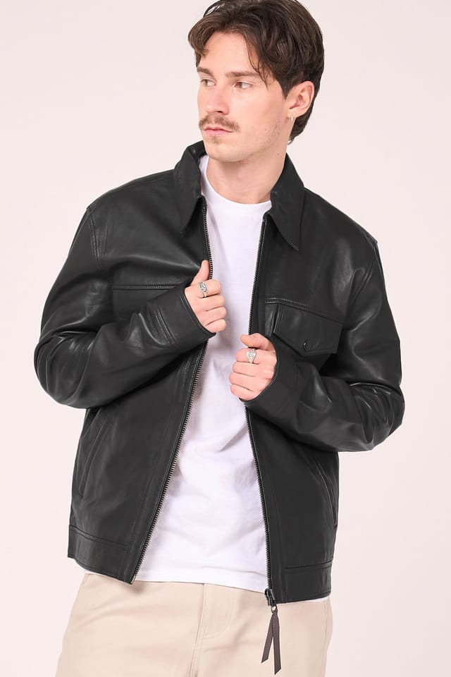 Barneys Originals Barneys Originals Men's Real Leather Zipped Harrington Jacket in Black - 2