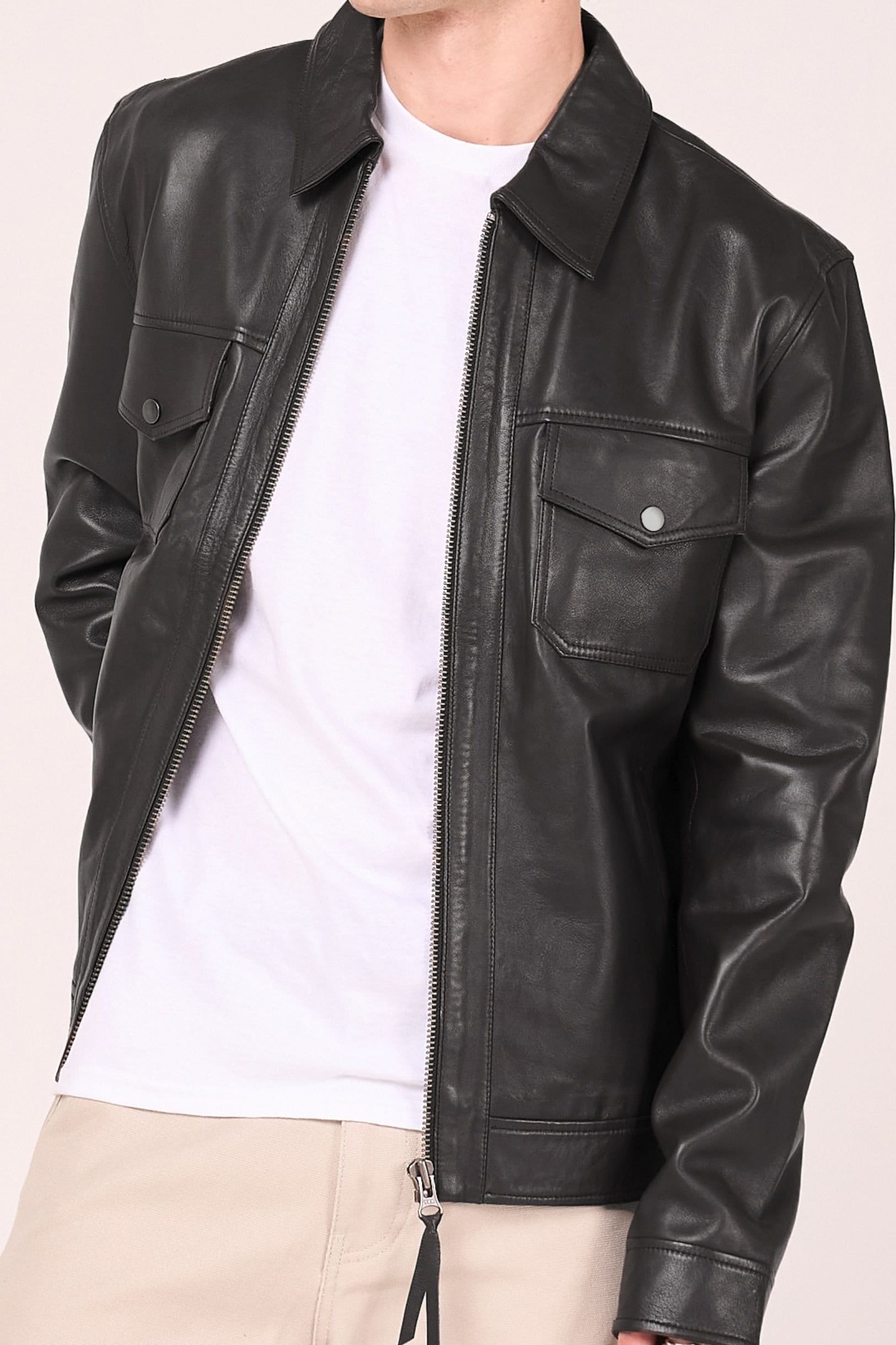 Barneys Originals Barneys Originals Men's Real Leather Zipped Harrington Jacket in Black - 4