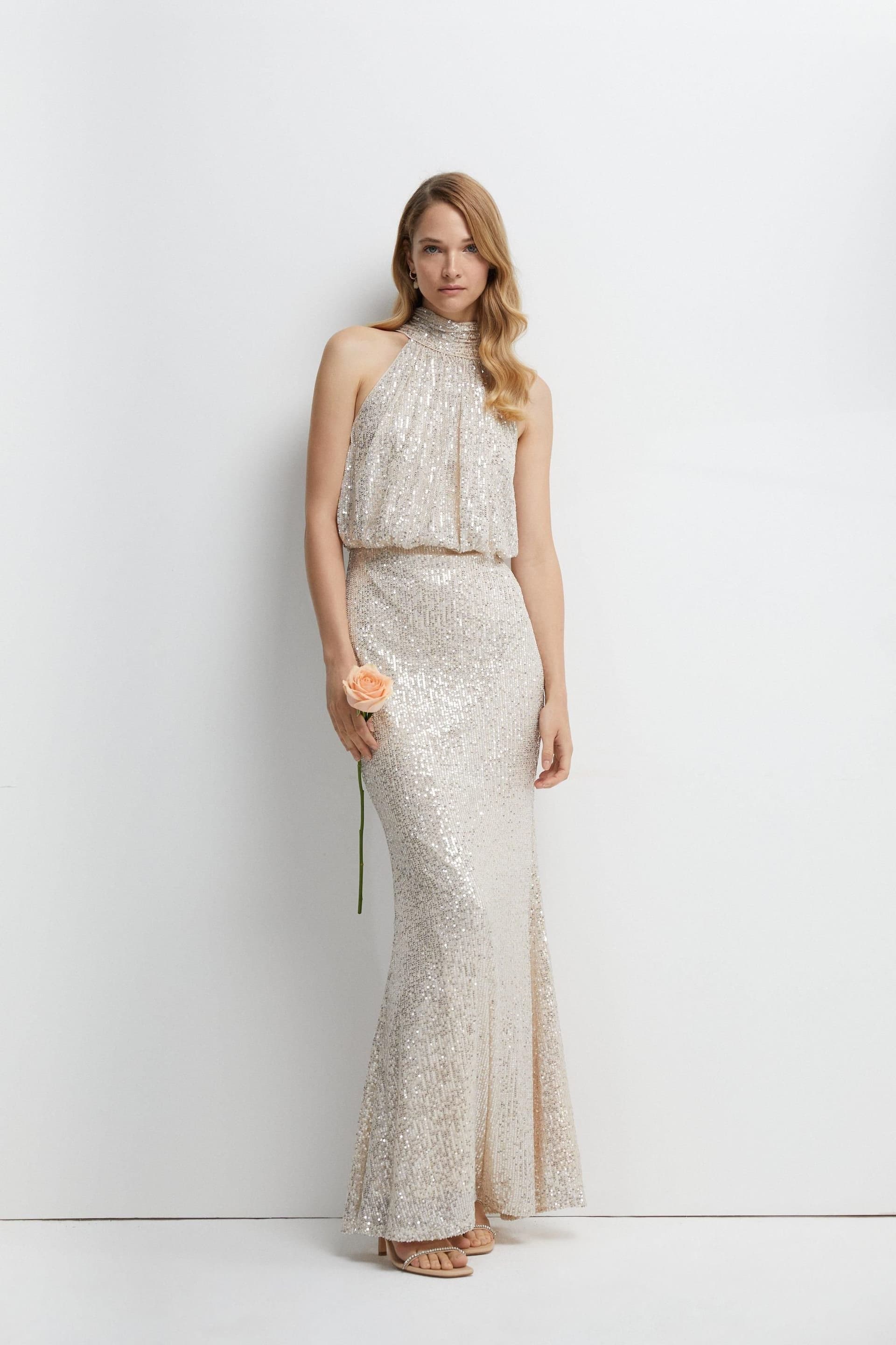 Coast Coast Women's Halterneck Sequin Bridesmaid Maxi Dress in Champagne