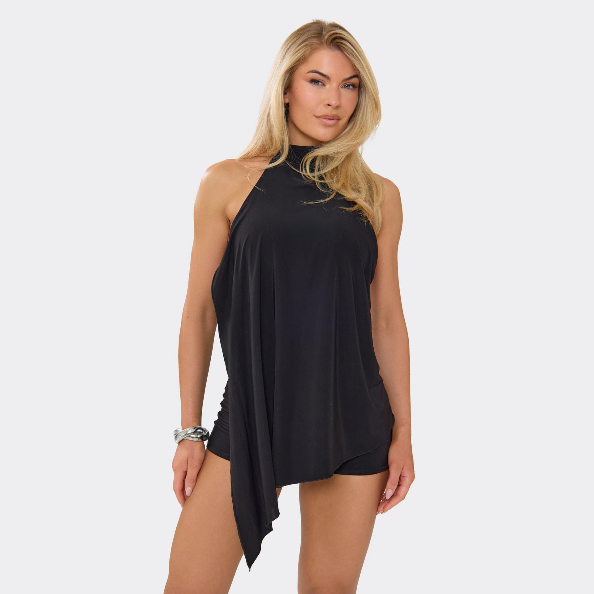 EGO High Neck Asymmetric Drape Detail Playsuit In Black., Women's Size UK 6