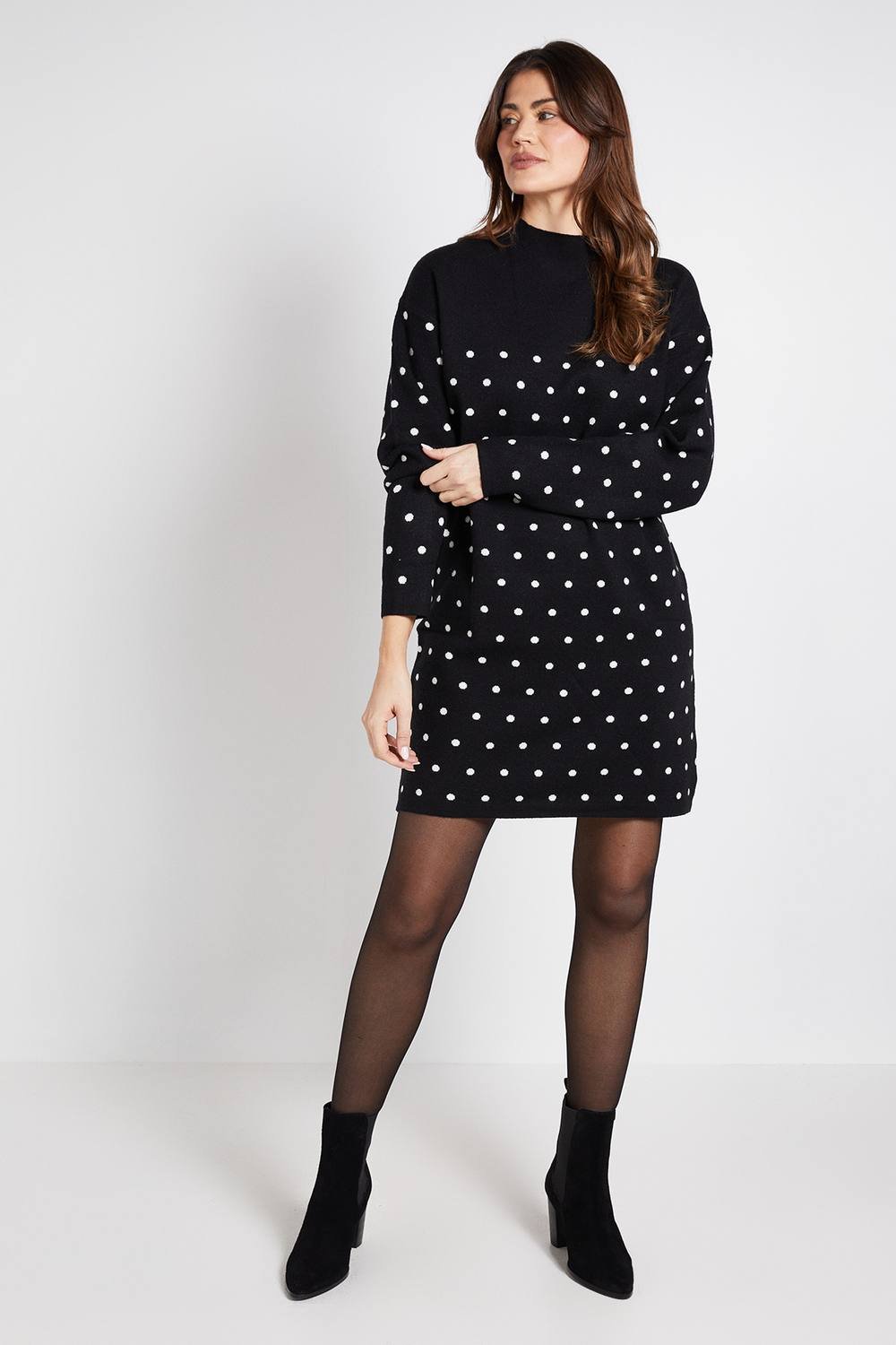 Wallis Wallis Women's Polka Dot Knitted Funnel Neck Dress in Black - 2