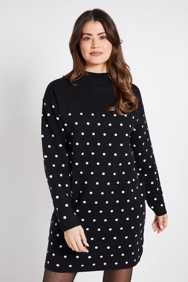Wallis Wallis Women's Polka Dot Knitted Funnel Neck Dress in Black - 2
