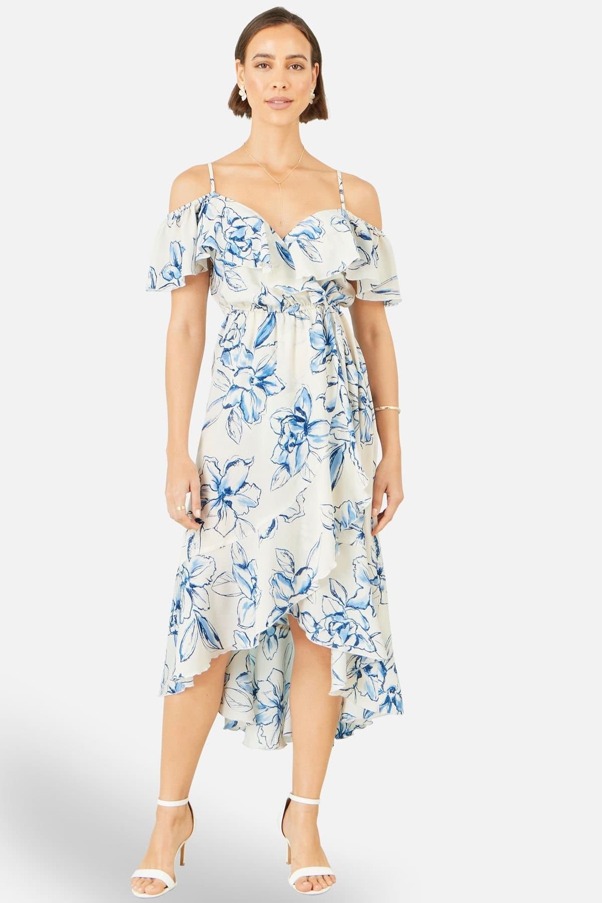 Yumi Yumi Women's Ivory Floral Print Bardot Midi Dress With Dip Hem in Off-White