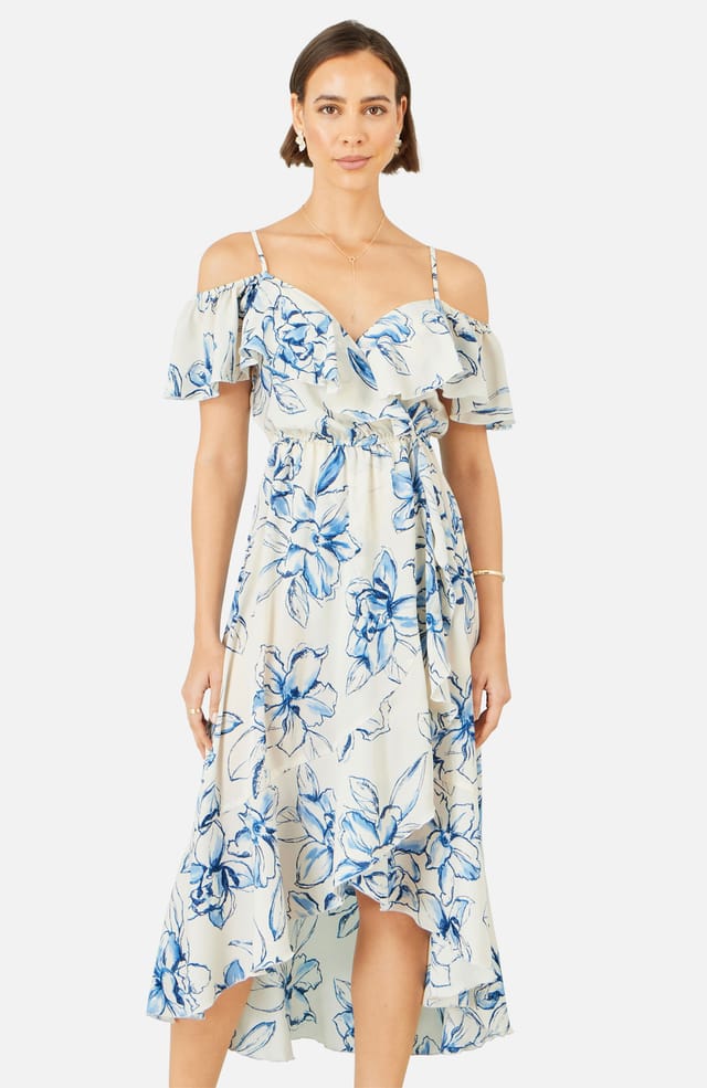 Yumi Yumi Women's Ivory Floral Print Bardot Midi Dress With Dip Hem in Off-White - 2