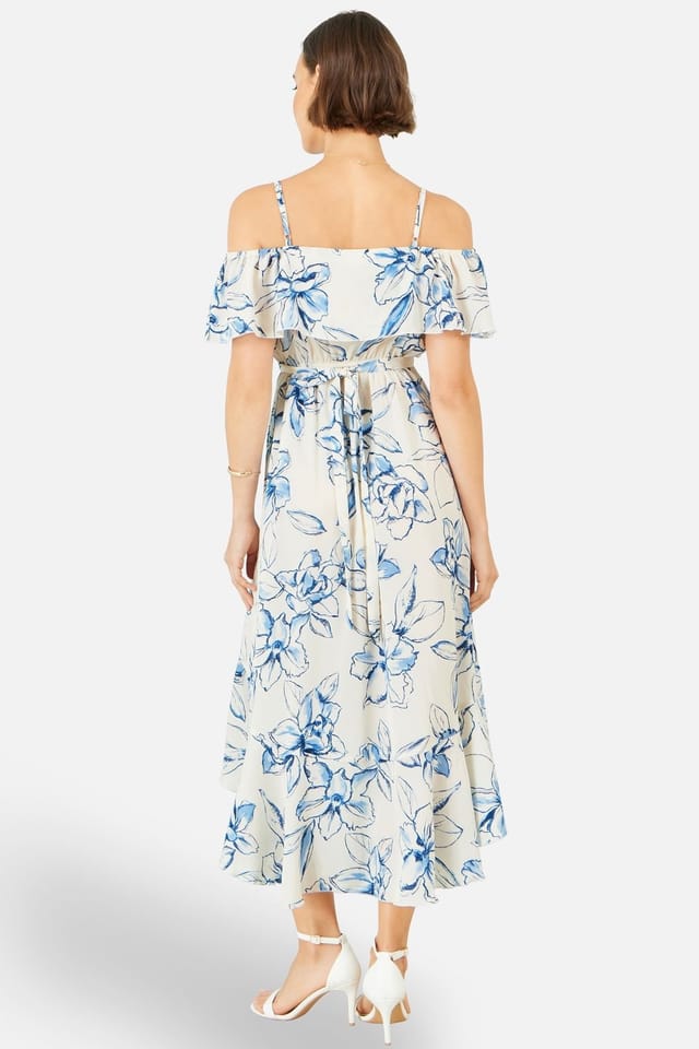 Yumi Yumi Women's Ivory Floral Print Bardot Midi Dress With Dip Hem in Off-White - 3