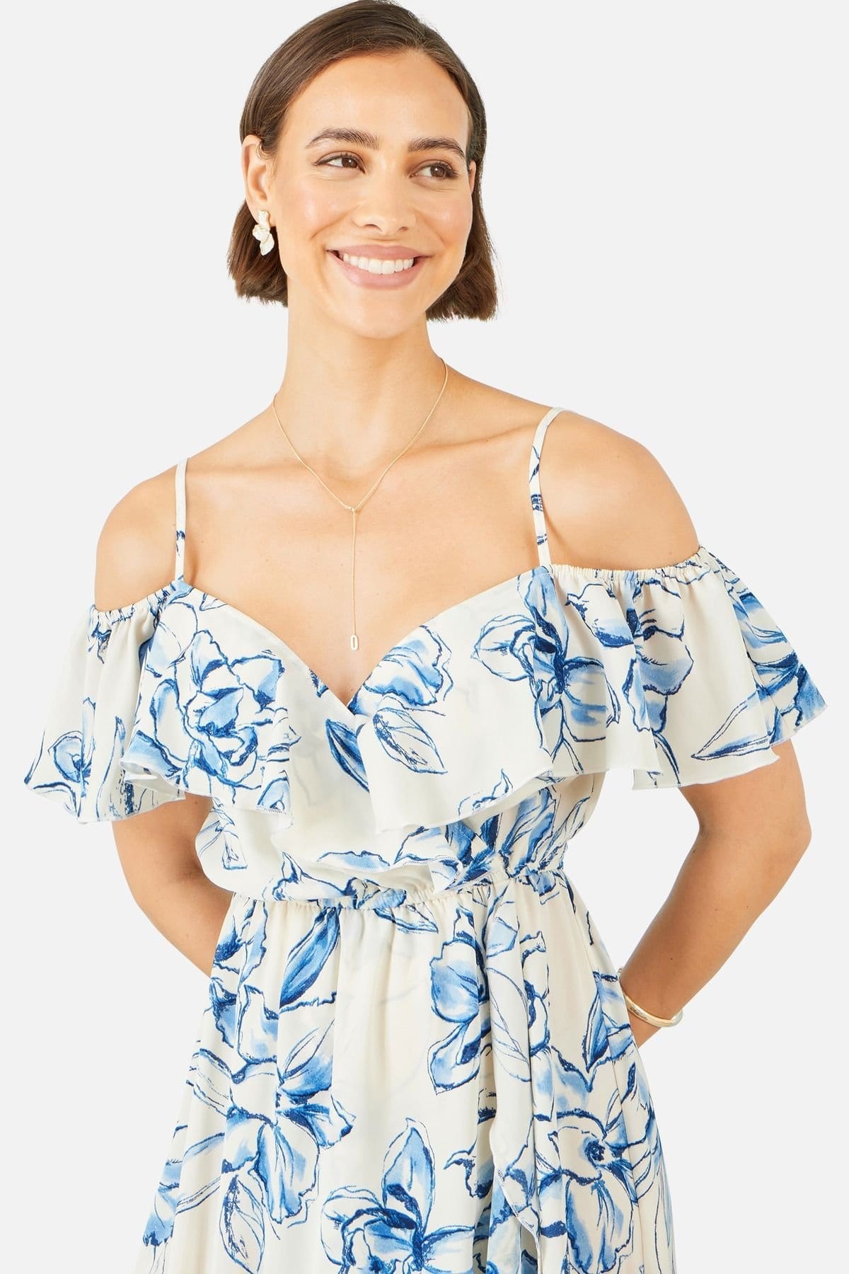 Yumi Yumi Women's Ivory Floral Print Bardot Midi Dress With Dip Hem in Off-White - 4