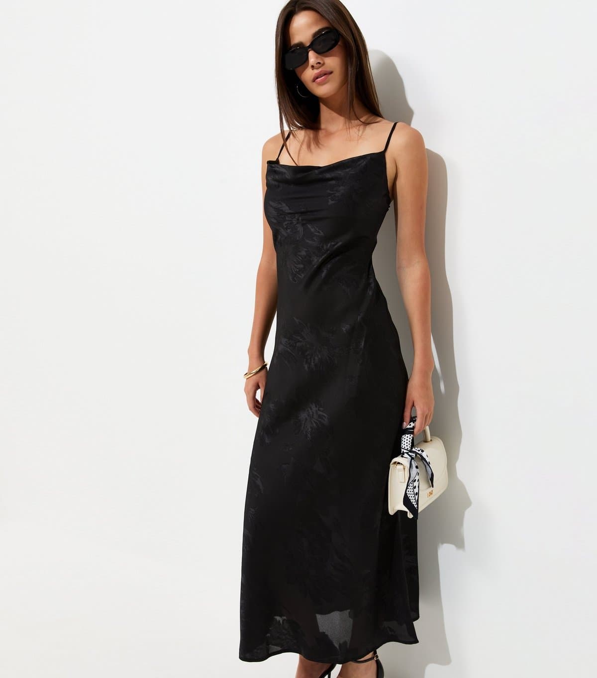 New Look Women's Black Floral Jacquard Cowl Neck Strappy Midi Dress New Look