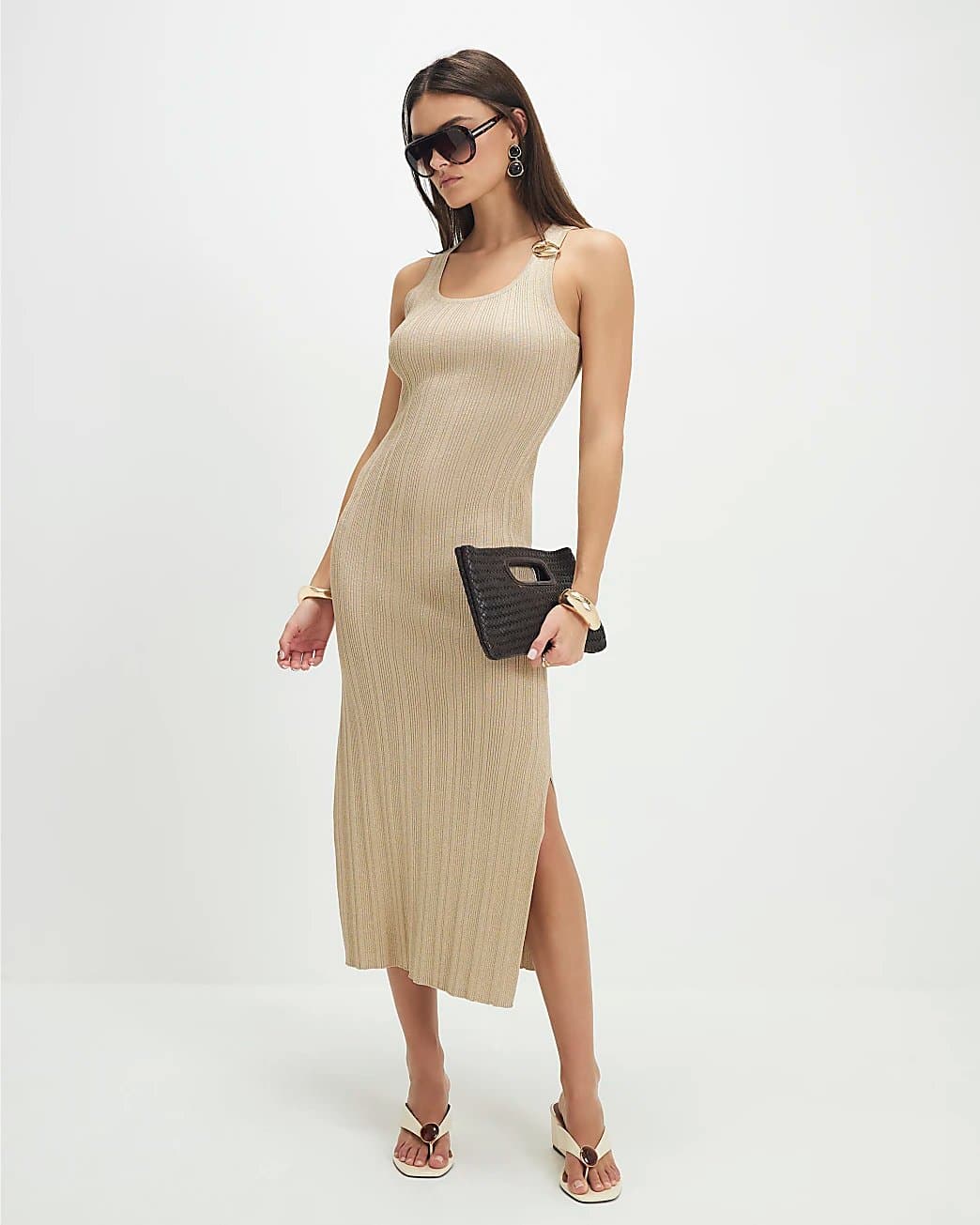River Island River Island Womens Gold Rib Knit Buckle Midi Dress