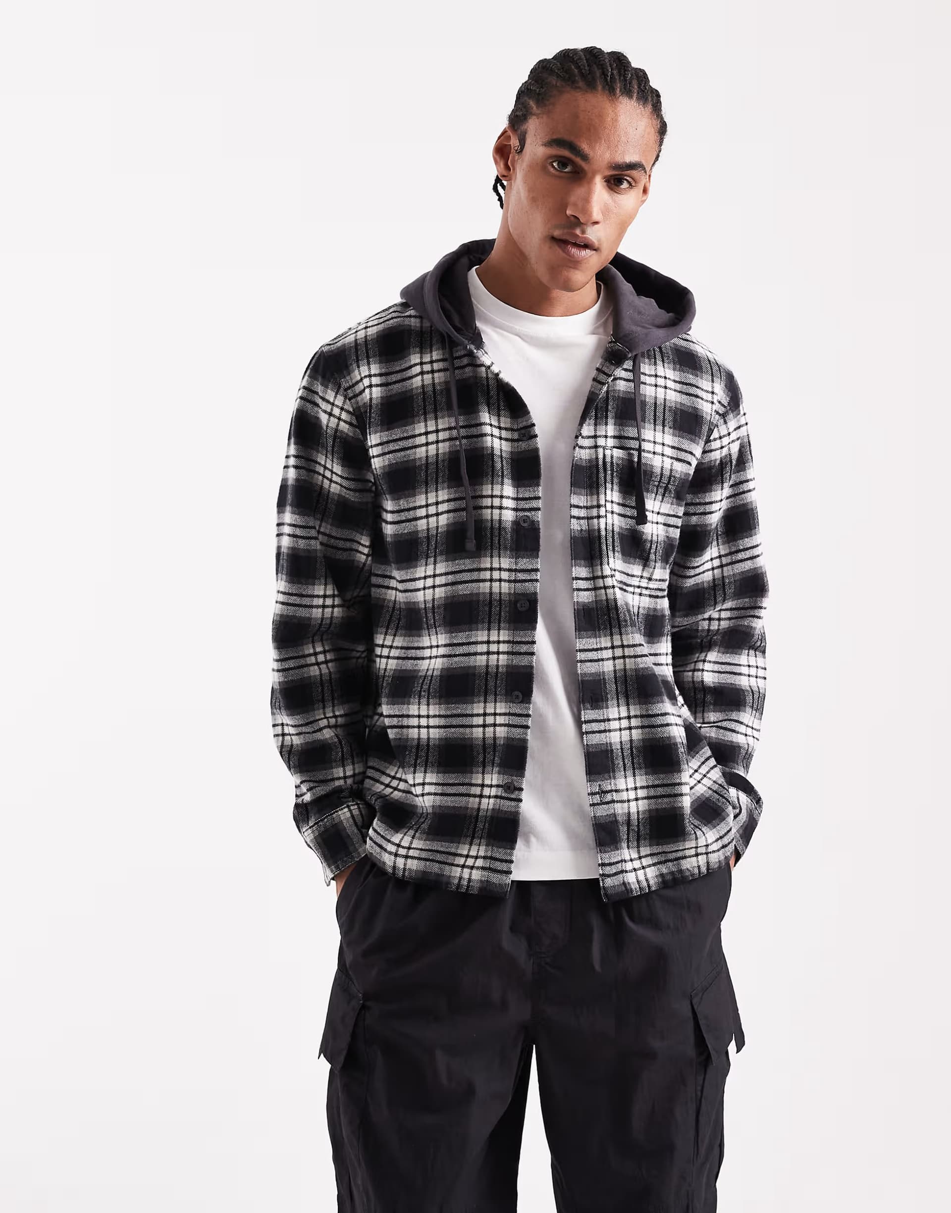ASOS Hollister boxy vintage hooded flannel shirt in black check