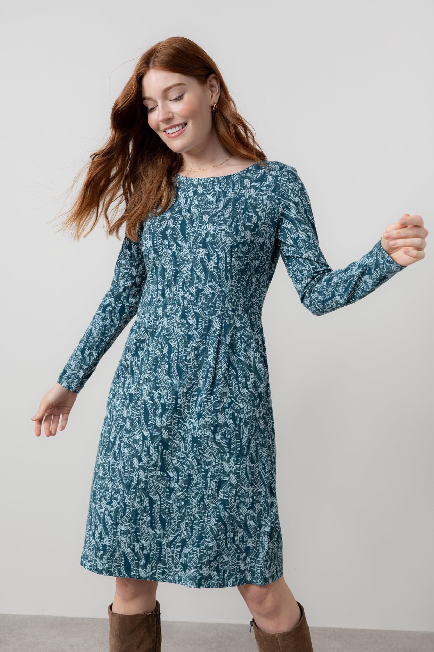 Lily & Me Lily & Me Women's Halmore Long Sleeved Soft Stretch Cotton Jersey Dress in Blue