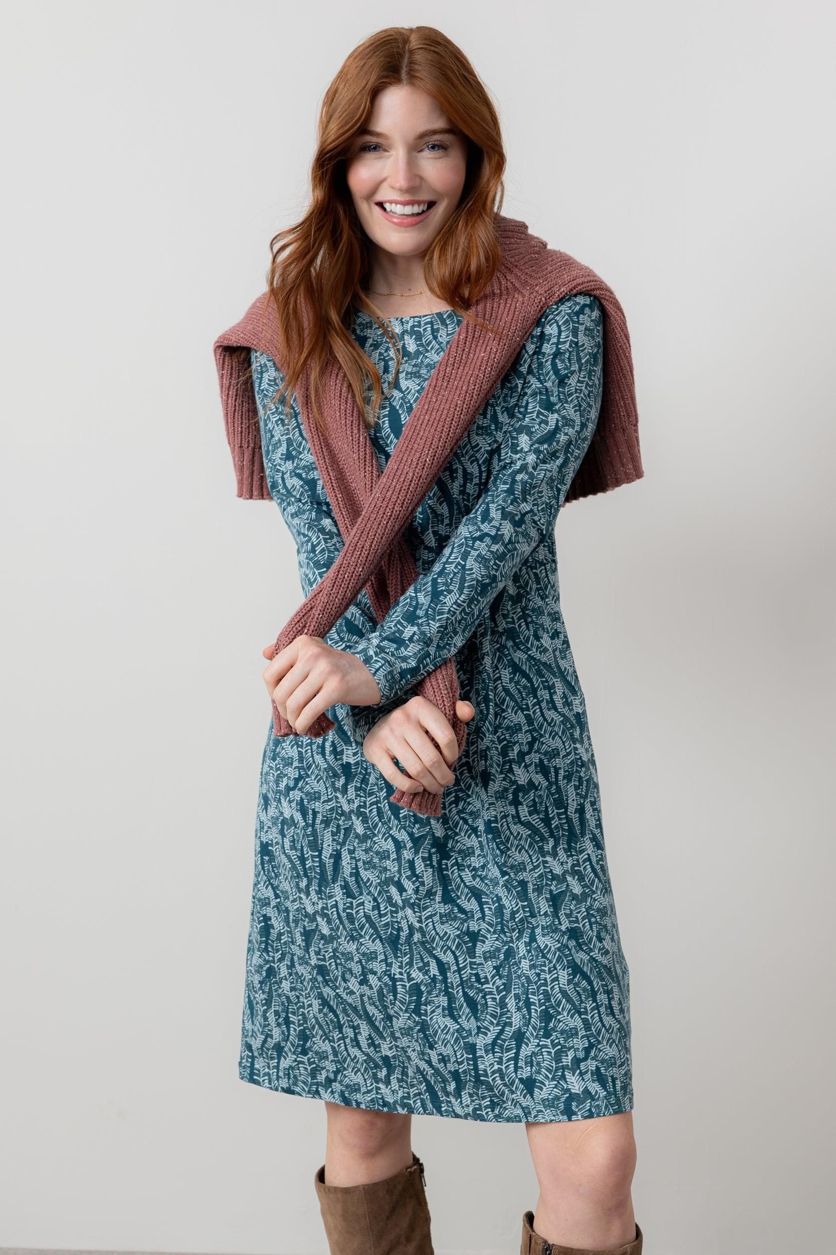 Lily & Me Lily & Me Women's Halmore Long Sleeved Soft Stretch Cotton Jersey Dress in Blue - 2