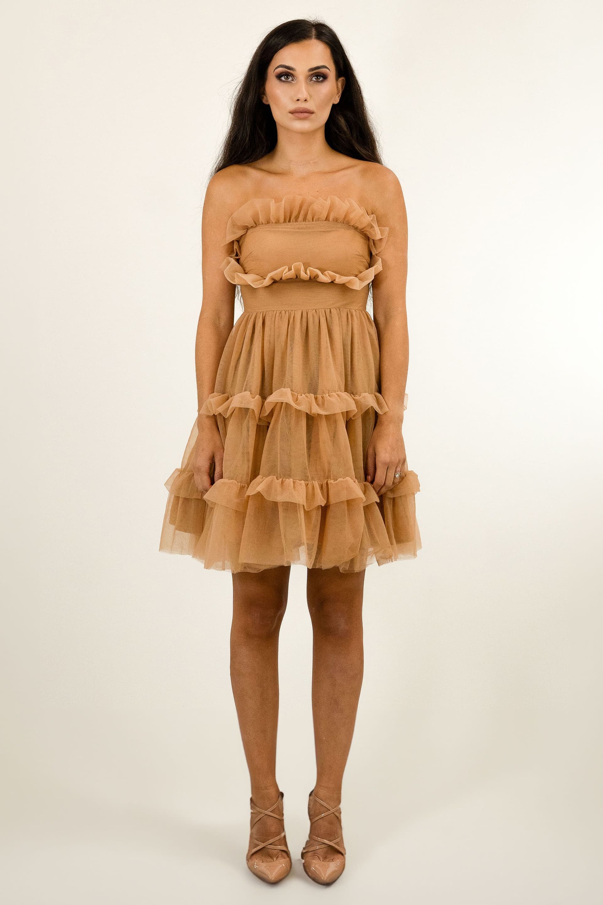 BALOU BALOU Women's Strapless Layered Tulle Frill Mini Dress in Light Brown
