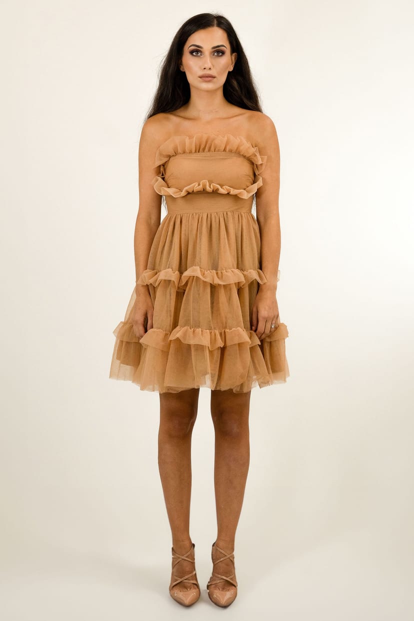 BALOU BALOU Women's Strapless Layered Tulle Frill Mini Dress in Light Brown - 1