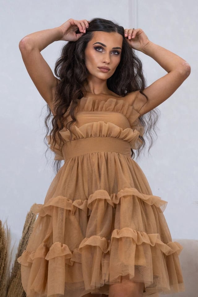 BALOU BALOU Women's Strapless Layered Tulle Frill Mini Dress in Light Brown - 2