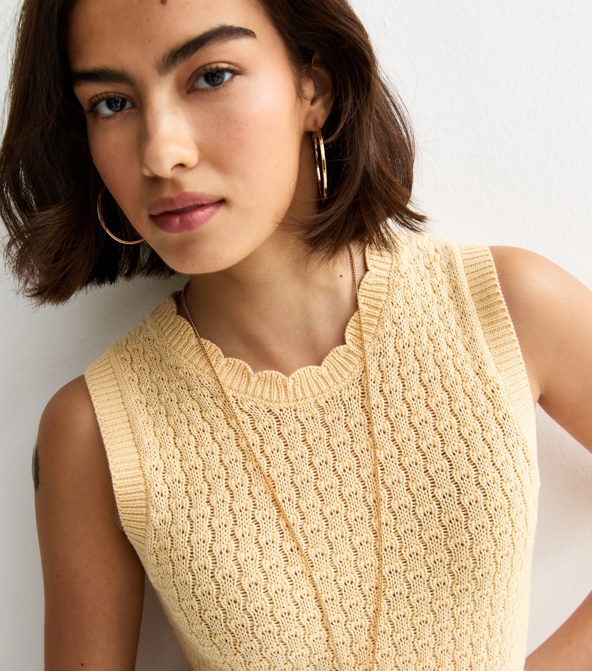 New Look Women's Yellow Cotton Rich Textured Knit Frill Hem Vest New Look - 2