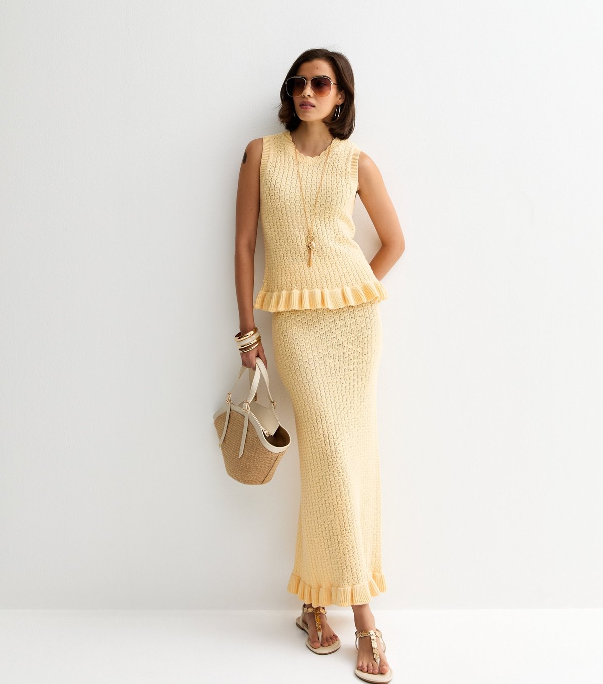 New Look Women's Yellow Cotton Rich Textured Knit Frill Hem Vest New Look - 4