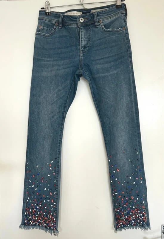 Anthropologie 🖤Pilcro & The Letterpress Slim Straight Jeans Size 26 Blue Mid-Wash Embellished Jewel Hem Frayed🖤