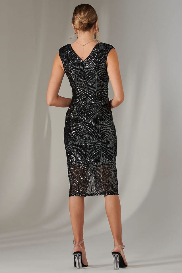 Jolie Moi Jolie Moi Women's Demi Sequin Wrap Slit Bodycon Dress in Black - 2
