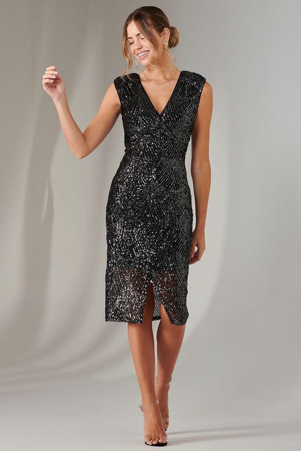 Jolie Moi Jolie Moi Women's Demi Sequin Wrap Slit Bodycon Dress in Black - 4