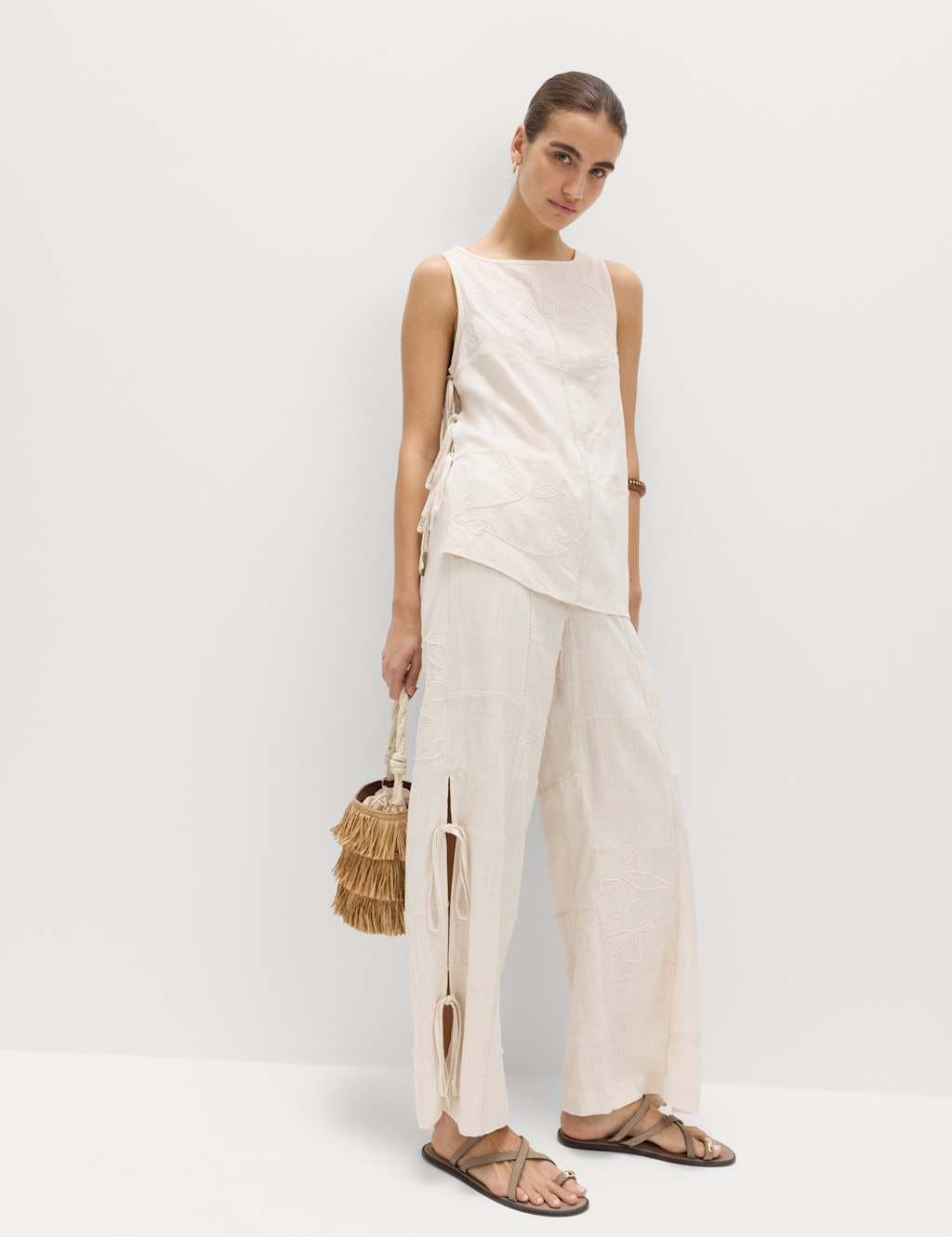 Marks & Spencer M&S Wide Leg Trousers with Linen Ivory
