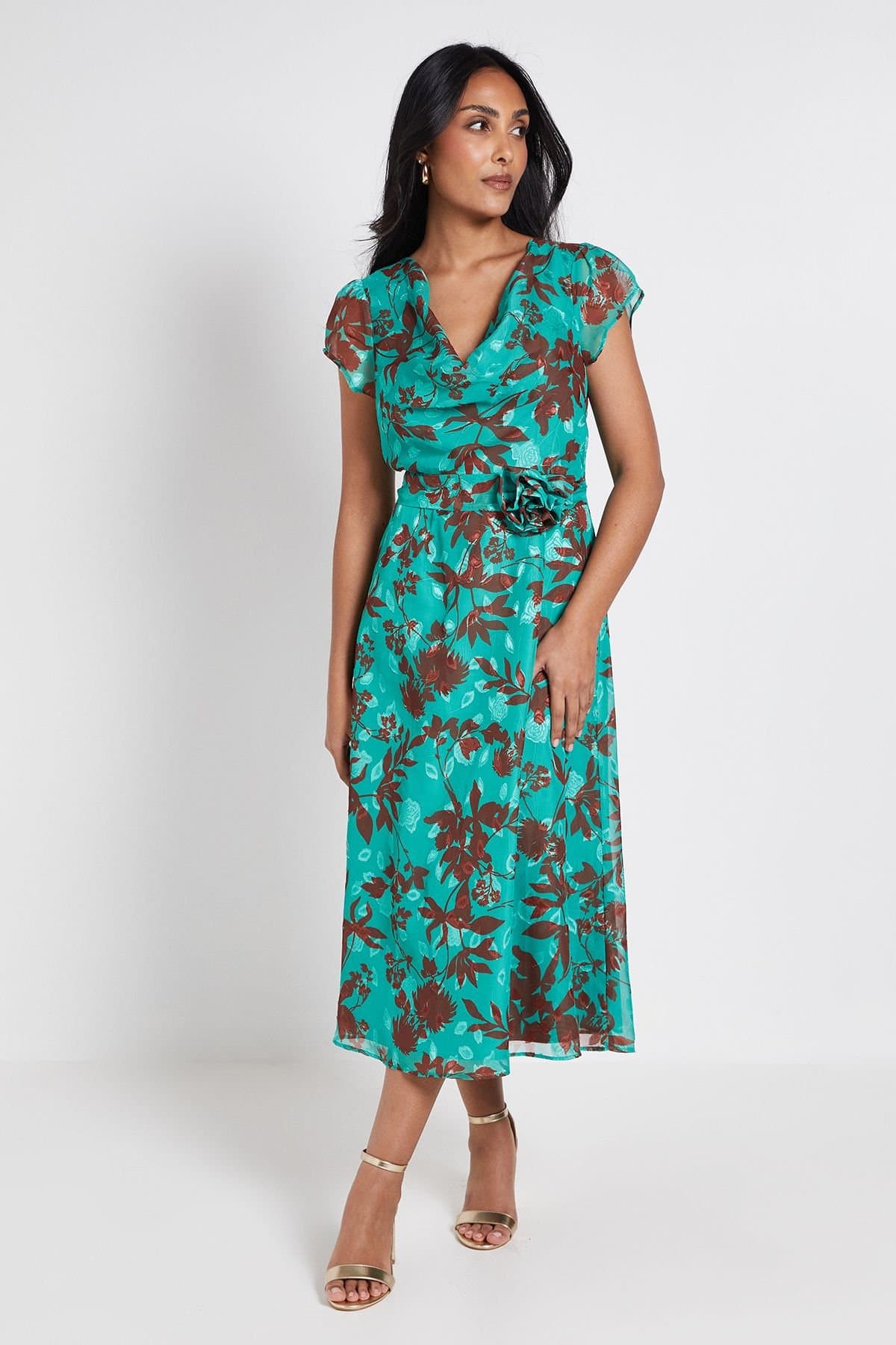 Wallis Wallis Women's Petite Floral Burn Out Corsage Midi Dress in Green