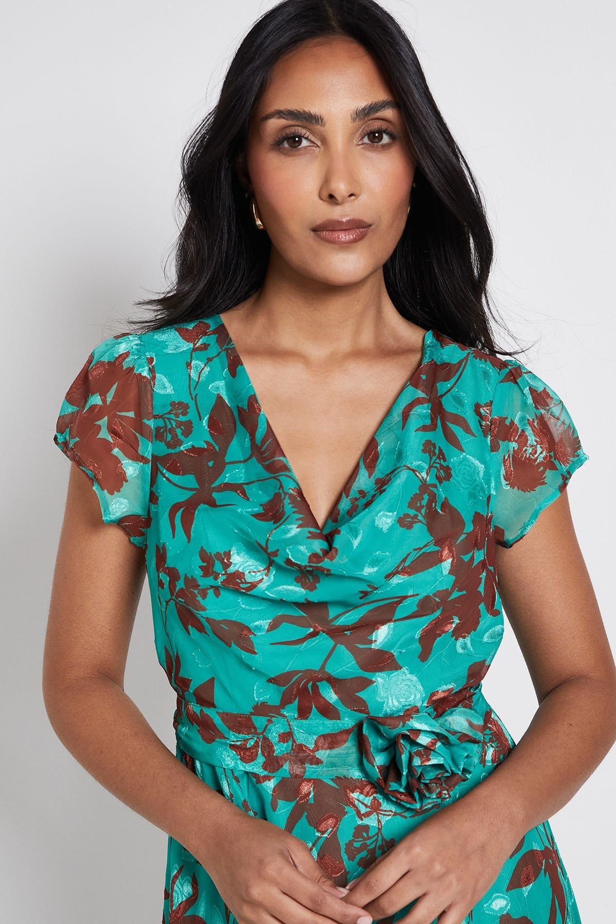 Wallis Wallis Women's Petite Floral Burn Out Corsage Midi Dress in Green - 4
