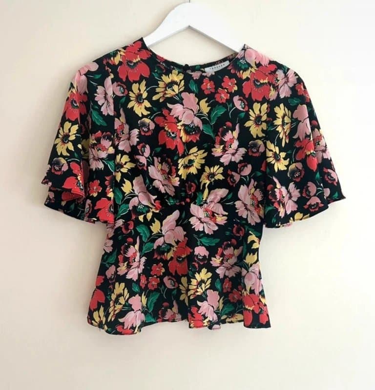 Topshop 🌸 Topshop UK 8 Black Floral Peplum Blouse Short Sleeve Summer Top