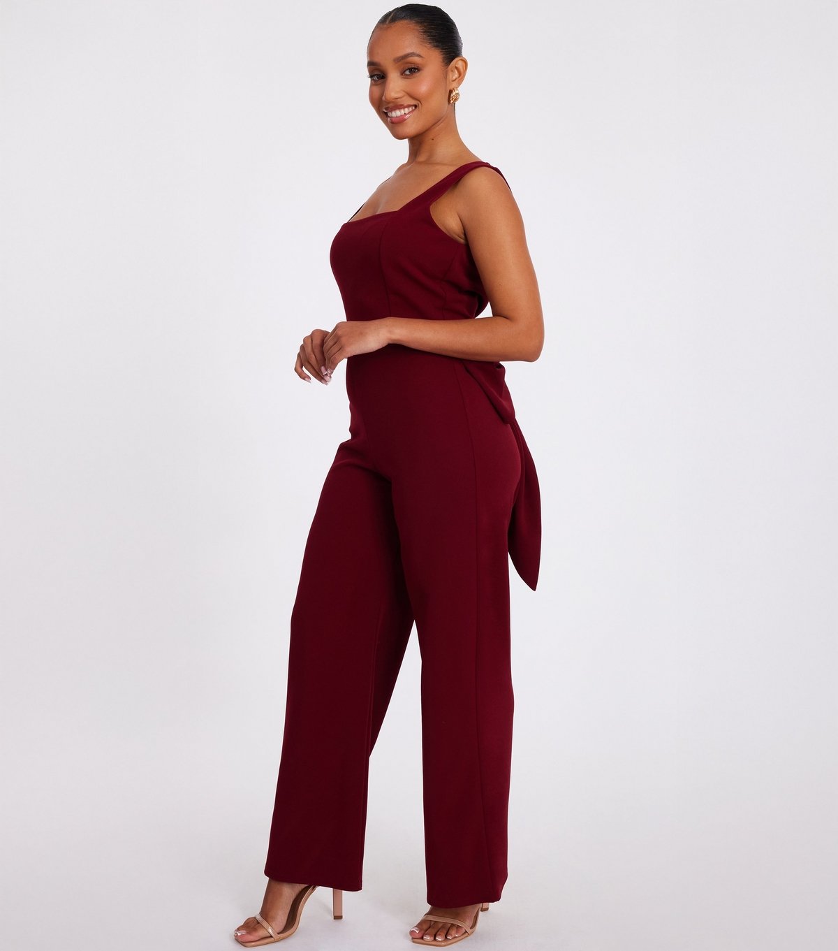 Quiz Women's Petite Dark Red Bow Back Square Neck Jumpsuit Quiz New Look - 2