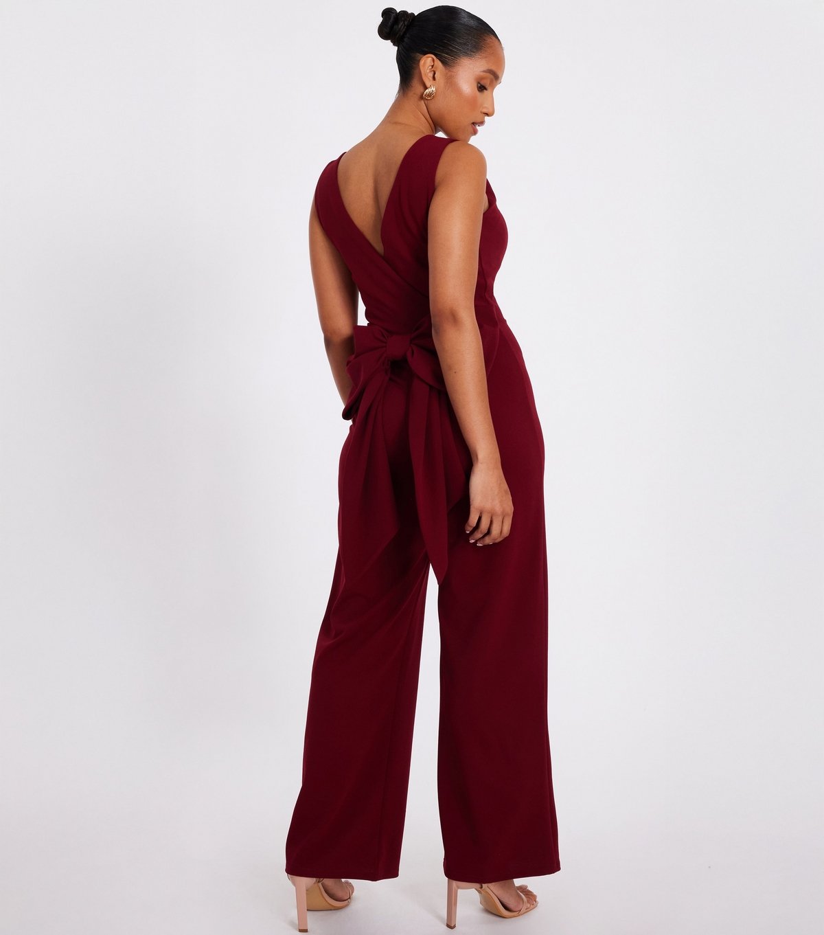 Quiz Women's Petite Dark Red Bow Back Square Neck Jumpsuit Quiz New Look - 3