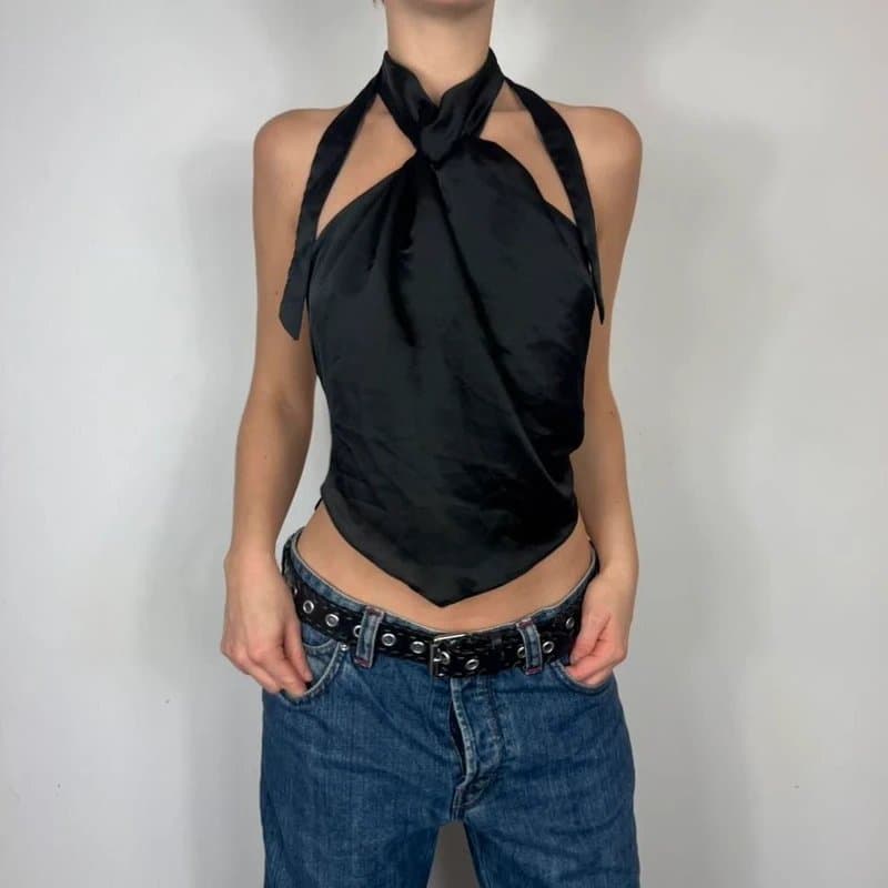 Topshop Black satin halter top with a tie neck #grungevibes