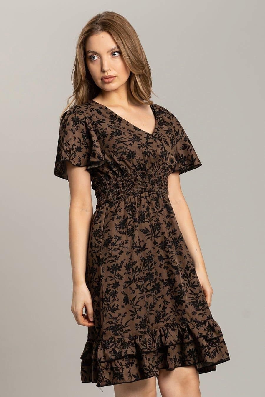 SOLO SOLO Brown Floral Wrap Over Midi Dress