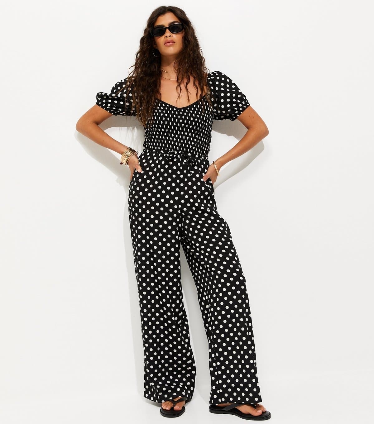 New Look Women's Black Crepe Polka Dot Shirred Jumpsuit New Look