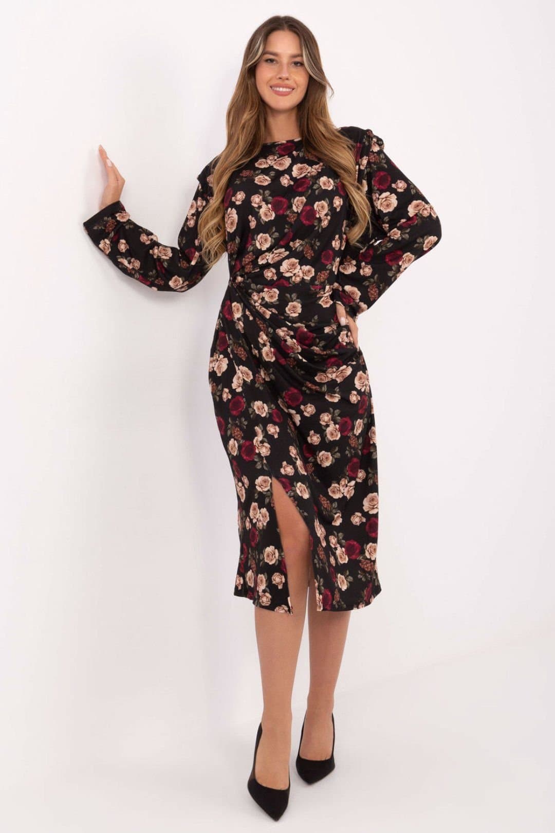 Love Lace Love Lace Women's Floral Draped Long Sleeve Midi Dress in Black