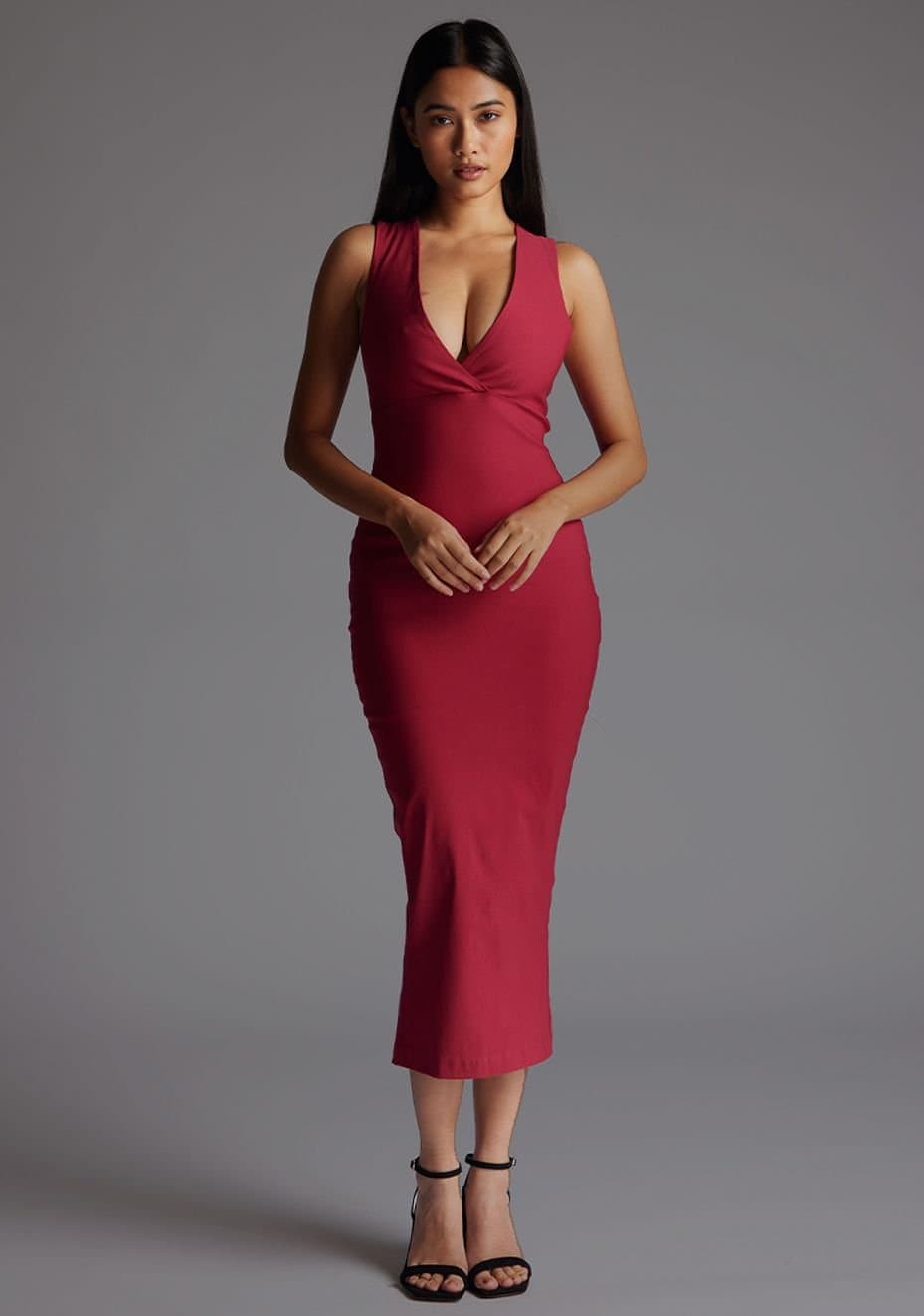 Vesper Vesper Women's Plunge Neck Bodycon Midaxi Dress with Cross Back Straps in Raspberry