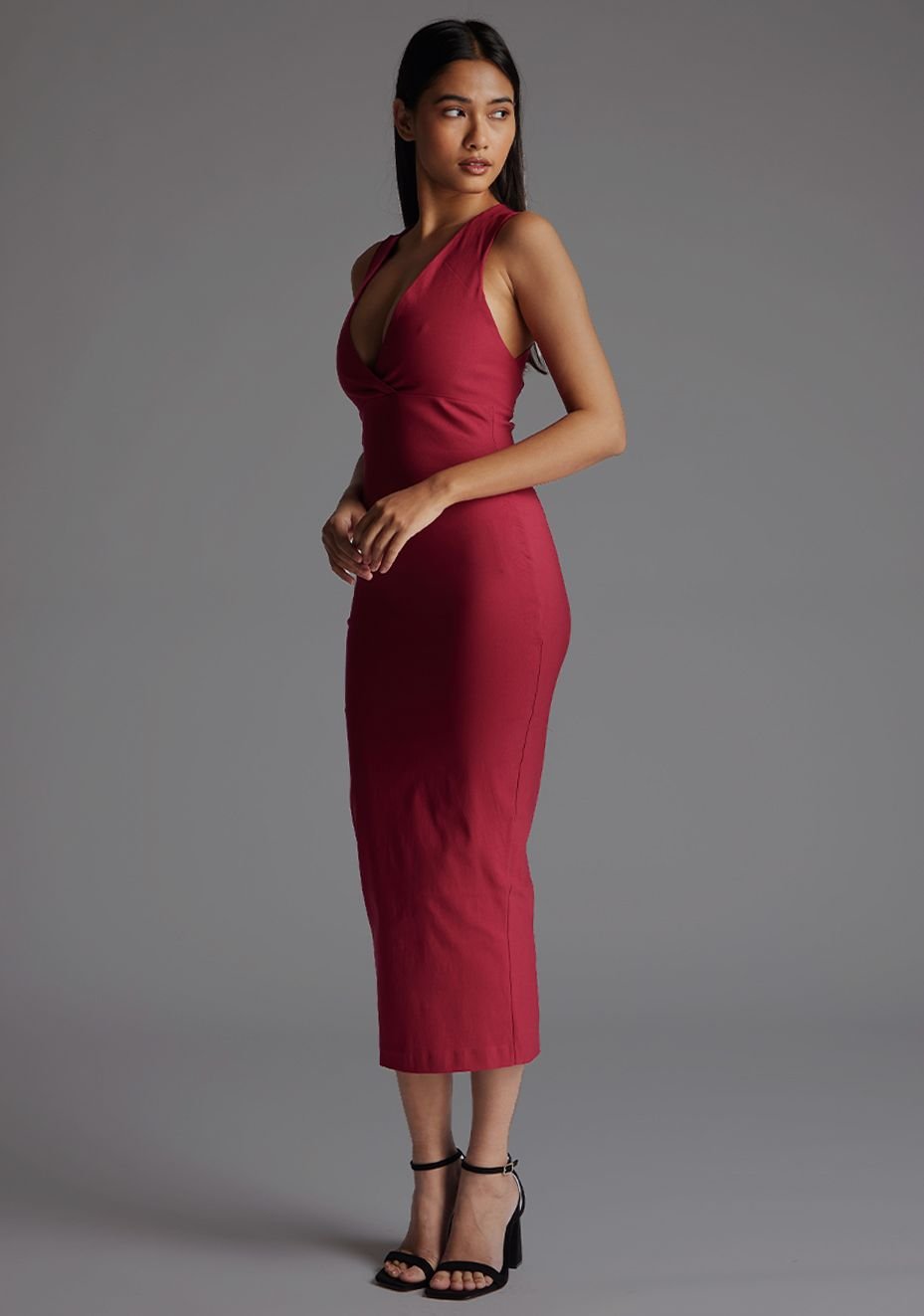Vesper Vesper Women's Plunge Neck Bodycon Midaxi Dress with Cross Back Straps in Raspberry - 2