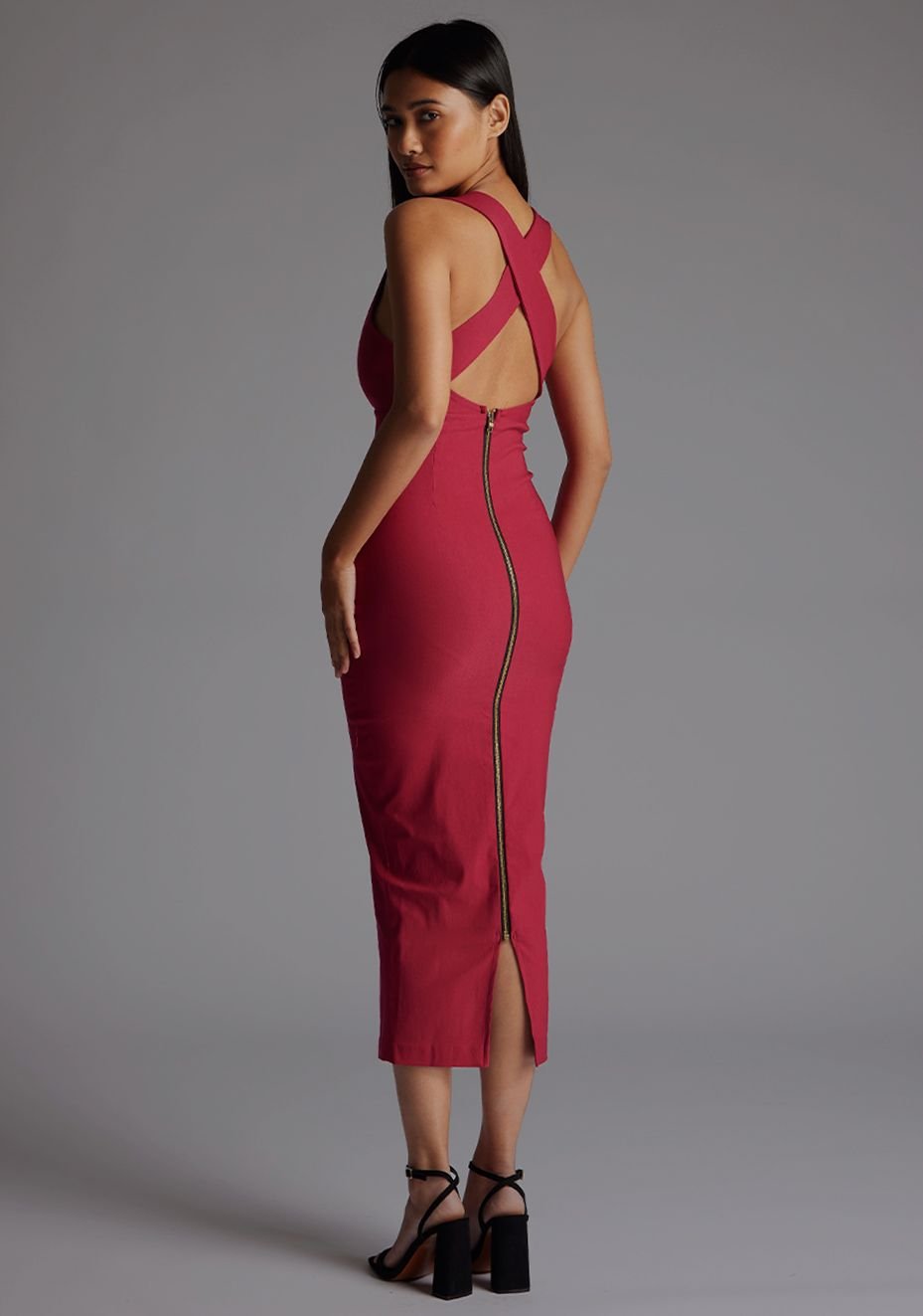Vesper Vesper Women's Plunge Neck Bodycon Midaxi Dress with Cross Back Straps in Raspberry - 3