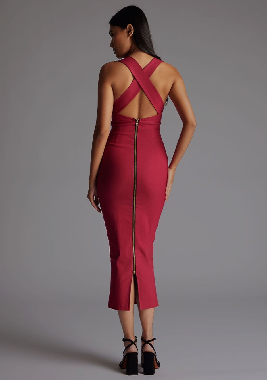 Vesper Vesper Women's Plunge Neck Bodycon Midaxi Dress with Cross Back Straps in Raspberry - 4