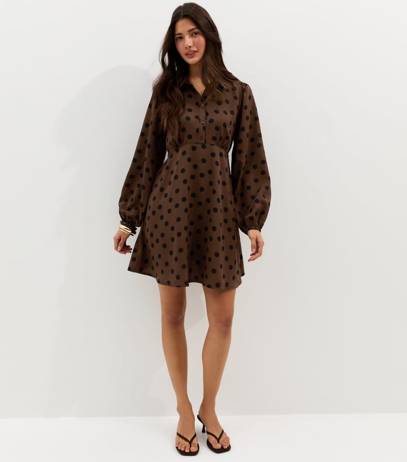 New Look Women's Dark Brown Floral Long Sleeve Mini Shirt Dress New Look - 1