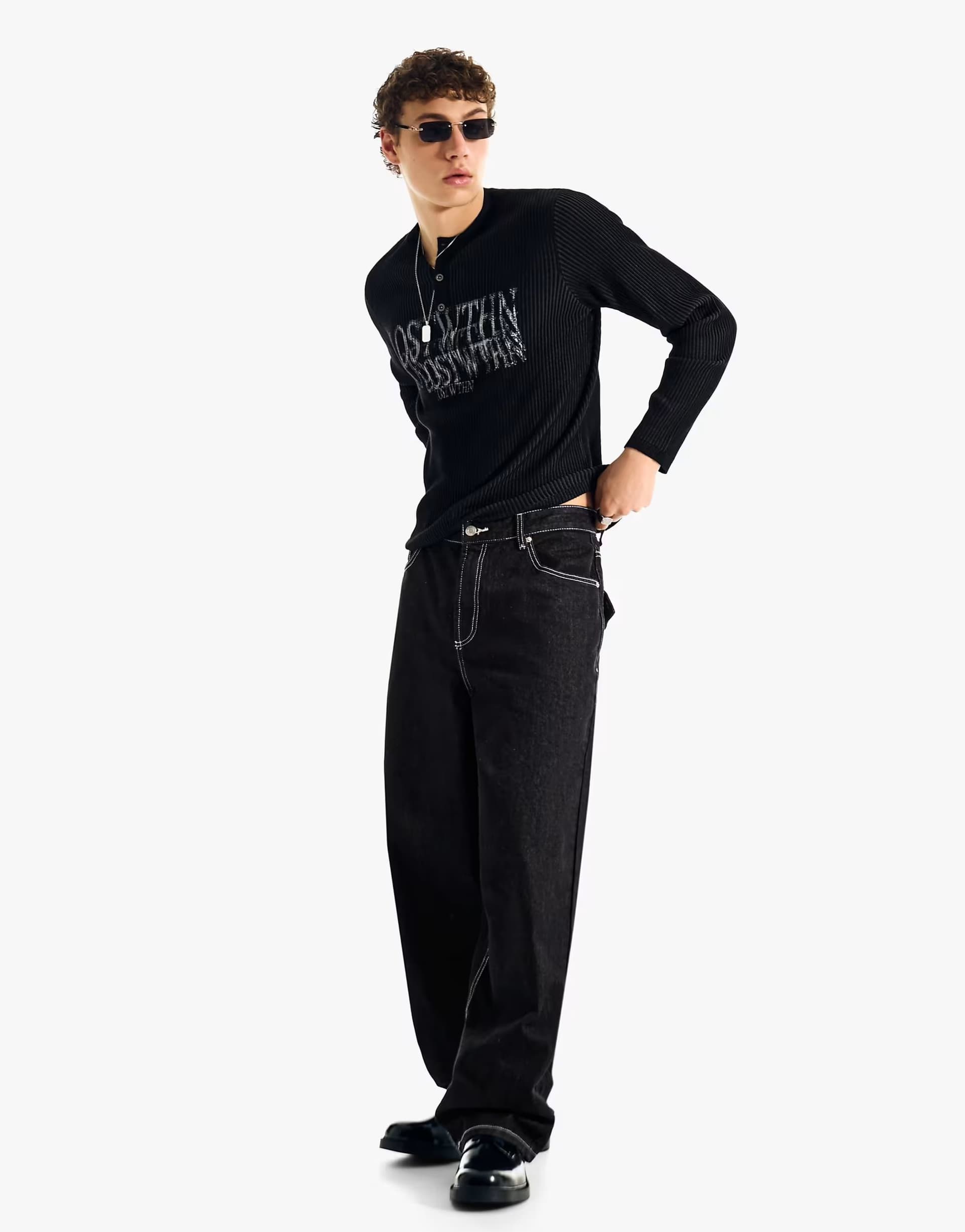 ASOS Bershka Embroidered super baggy jeans in black