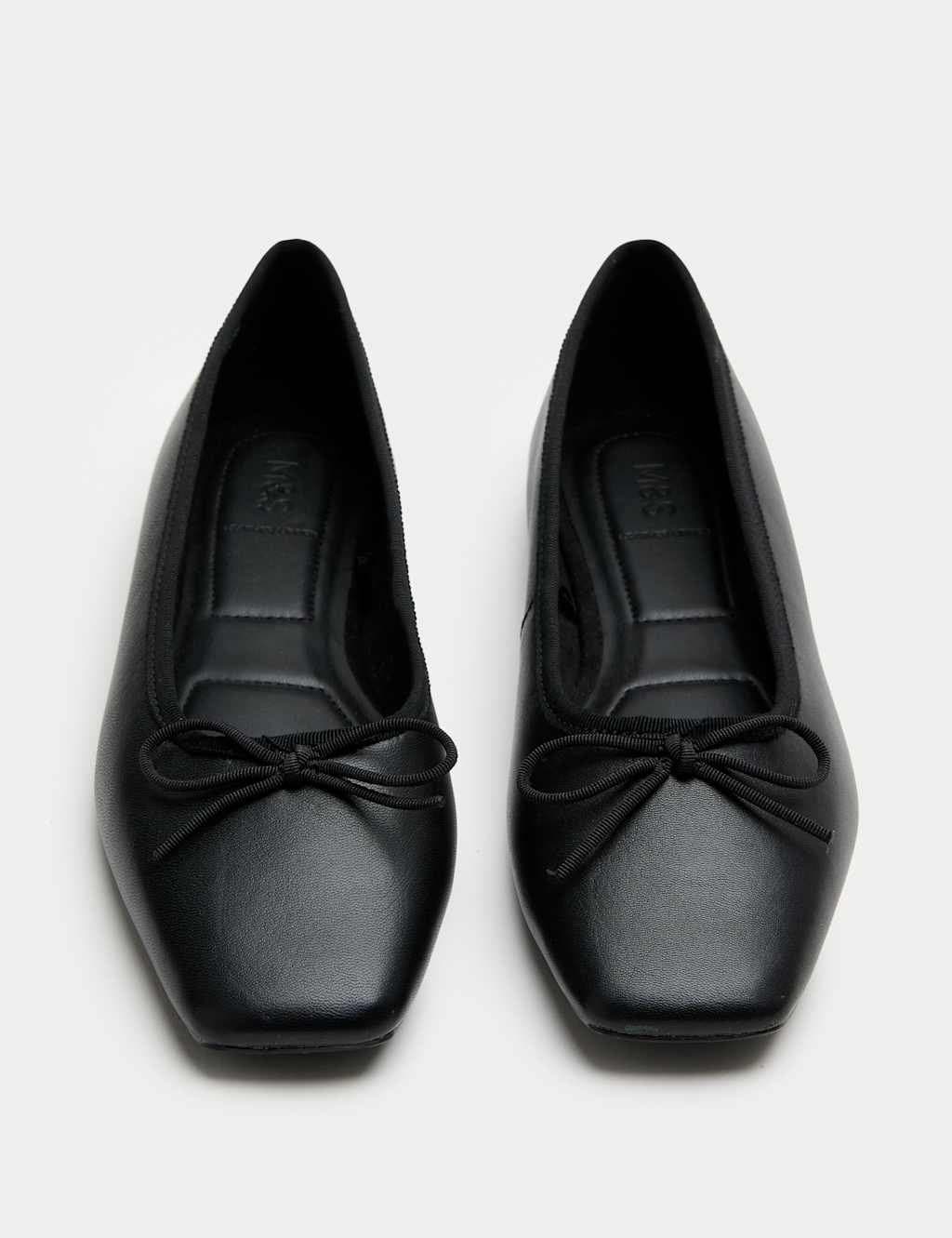 Marks & Spencer M&S Leather Bow Square Toe Flat Ballet Pumps Black