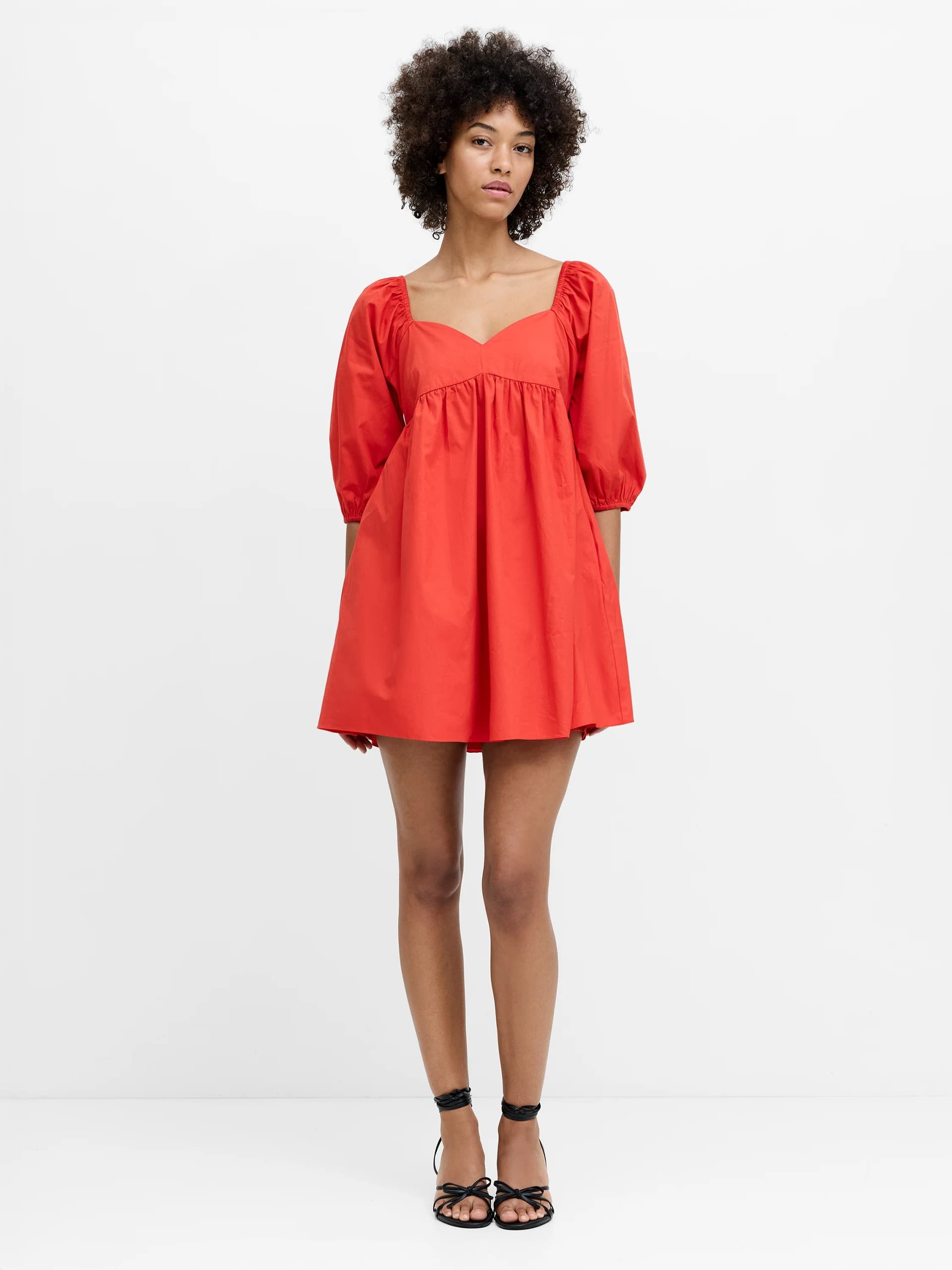 French Connection Cambria Cotton Puff Sleeve Red Mini Dress Candied Apple Red