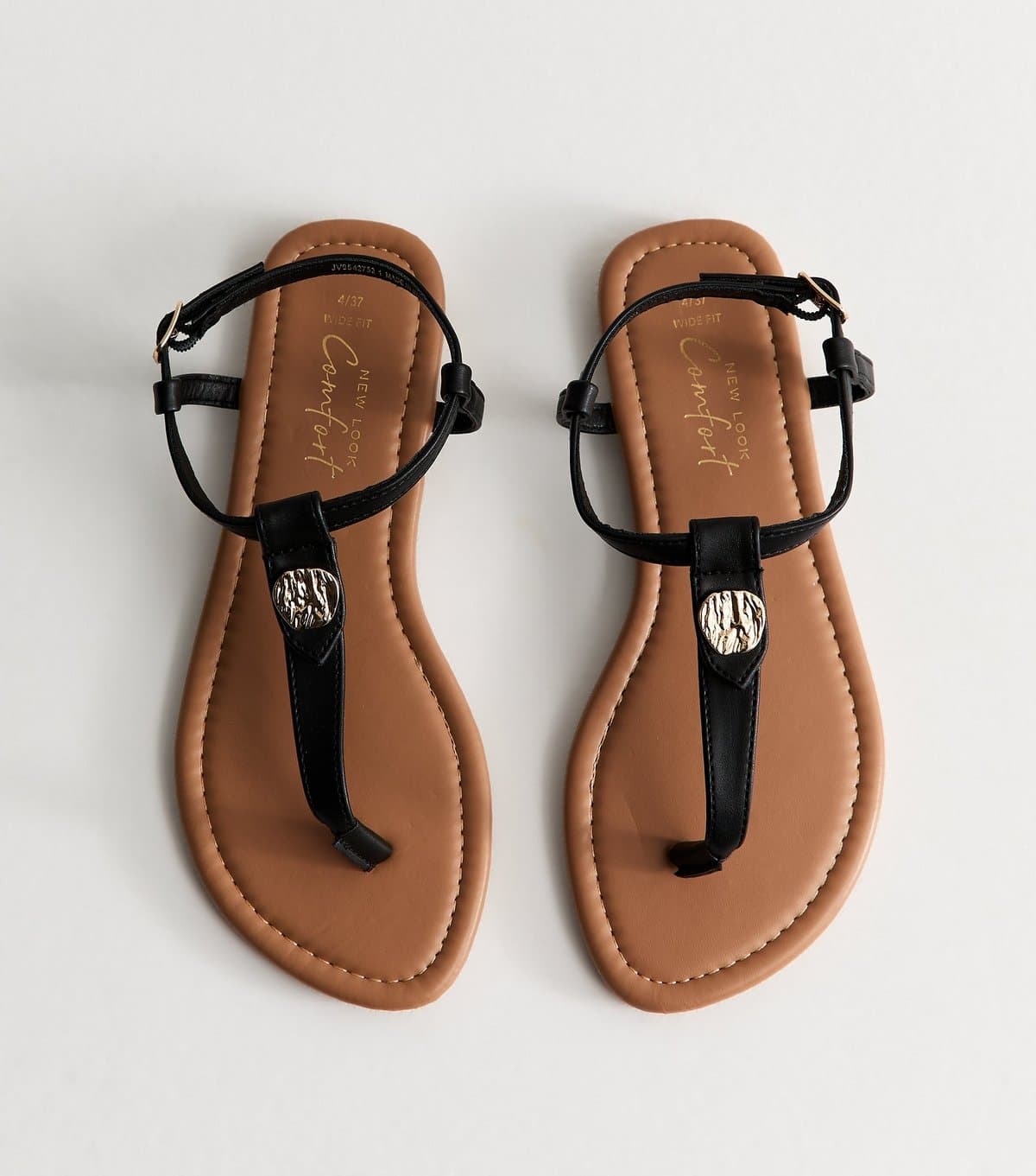 New Look Women's Wide Fit Black Faux Leather Hardware Detail Toe Post Sandals Vegan New Look