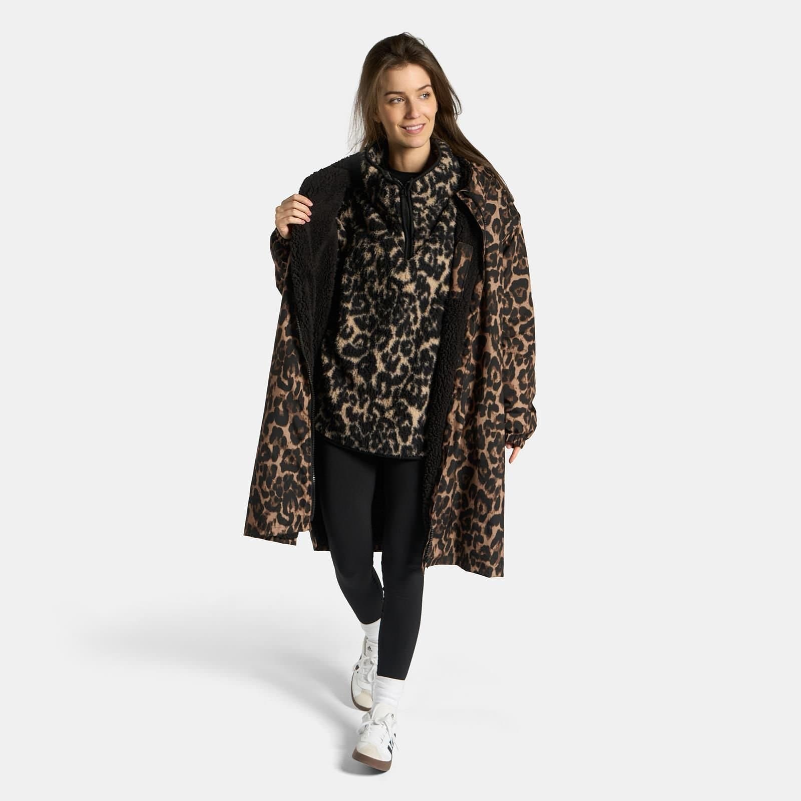 OHS OHS Women's 2 Piece Leopard Print Changing Robe & Half-Zip Teddy Fleece Co-Ord Set in Natural
