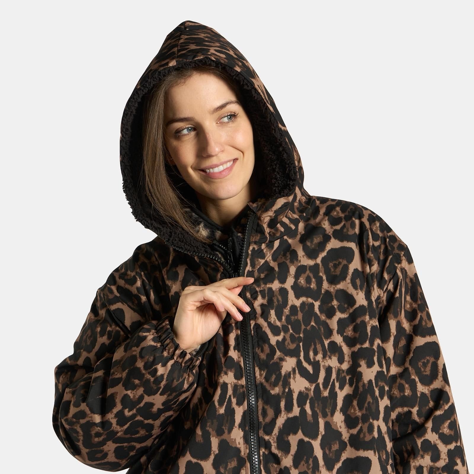OHS OHS Women's 2 Piece Leopard Print Changing Robe & Half-Zip Teddy Fleece Co-Ord Set in Natural - 4