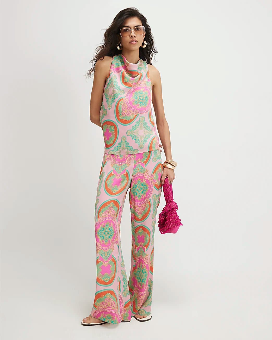River Island River Island Womens Pink Print Wide Leg Trousers