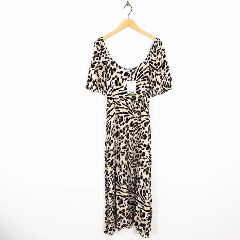 ICHI Ichi Leopard Summer Midi Dress Size XL 16 18 NEW Beige